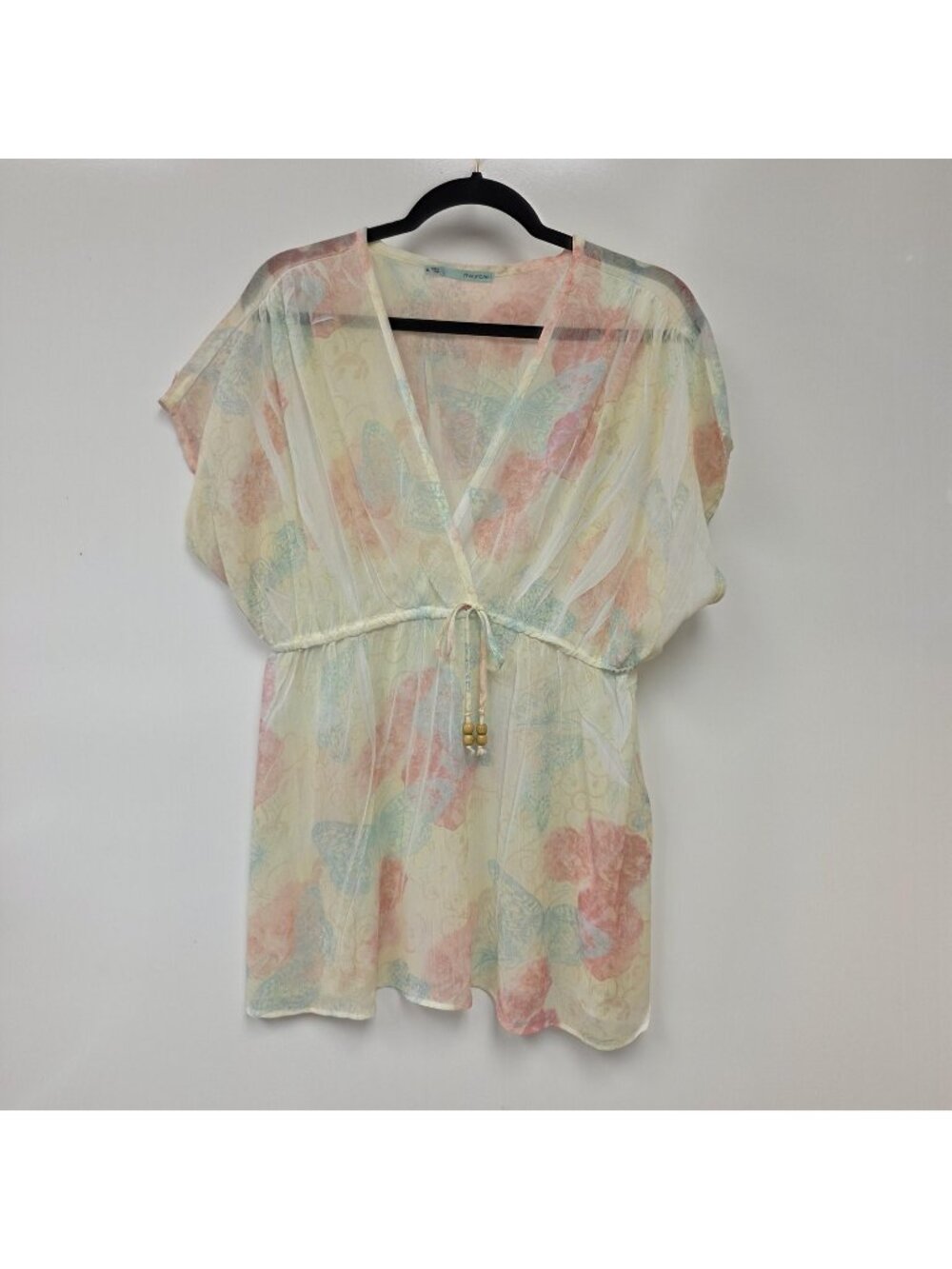 Maurices Blouse Womens XL Multicolor Butterfly Floral V Neck Sheer Tunic Top